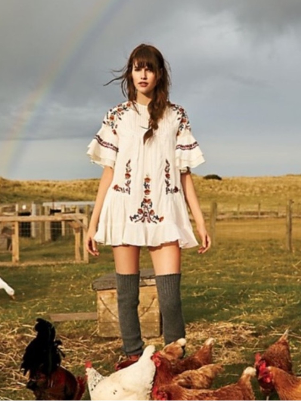 Free People Pavlo Cotton Embroidered Cottage Peasant Babydoll Cotton Dress L - Picture 2 of 11